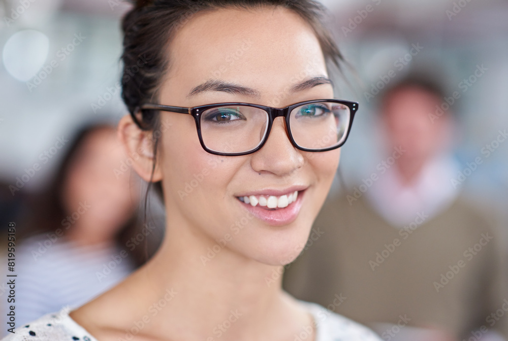 Portrait, staff and woman with smile in office for meeting, internship or professional career. Graduate, editor and person with happiness for publication, artistic job or creative at magazine agency Portrait, staff and woman with smile in office for meeting, internship or professional career. Graduate, editor and person with happiness for publication, artistic job or creative at magazine agency