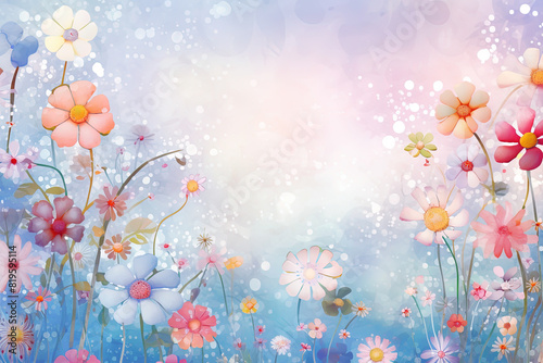 Floral background with flowers and bokeh effect. Greeting card. Generative AI