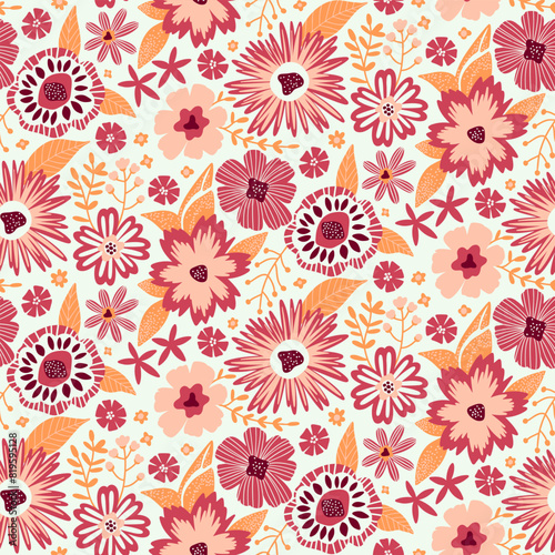 Floral Seamless Half Drop Pattern with Fantasy Leaves and Flowers in Amaranth  Peach Pink on White. Repeat Wallpaper Print Texture. Perfectly for Scrapbook Craft Paper  Textile  Fabric  Gift Wraps.