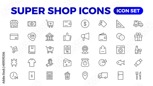 E-Commerce set of web icons in line style. Online shopping icons for web and mobile app. Business, mobile shop, digital marketing, bank card, gifts, sale, delivery. Vector illustration