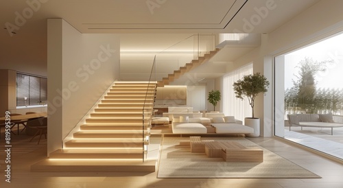 Staircase with LED lights  glass balustrades and wooden steps in the living room of an apartment interior design  white modern style  beige color scheme  light wood tones  white ceiling 