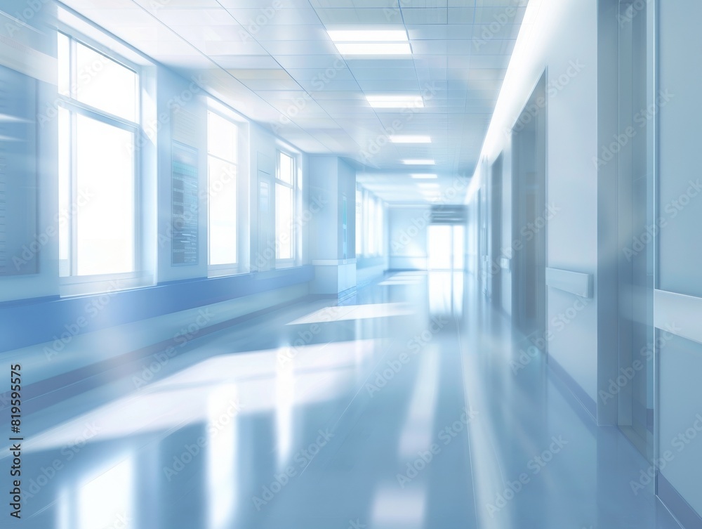 A dreamy blur effect applied to a hospital corridor, enhancing the clinical, clean lines of the architecture. AI generated A dreamy blur effect applied to a hospital corridor, enhancing the clinical, clean lines of the architecture. AI generated