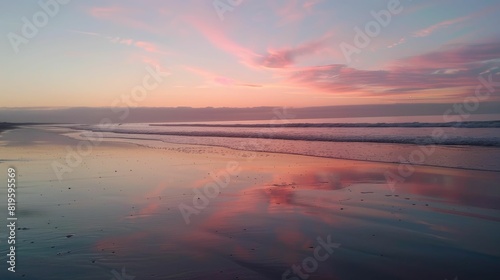 A beautiful sunset over a beach where the clouds are reflected in the calm waters, creating a stunning natural landscape with a fluid atmosphere AIG50