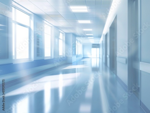 A dreamy blur effect applied to a hospital corridor  enhancing the clinical  clean lines of the architecture. AI generated