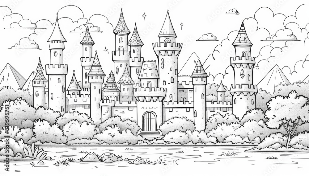 Simple line drawing of coloring book showing Mystical and magical drawings: Moon lands, crystal palaces, magical fountains and other places from fairy tales and imaginary worlds