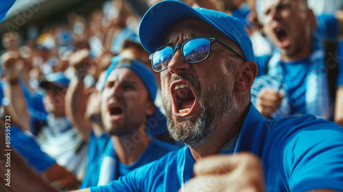 Football fan very emotional cheering for his blue team at the stadium surrounded by other fans