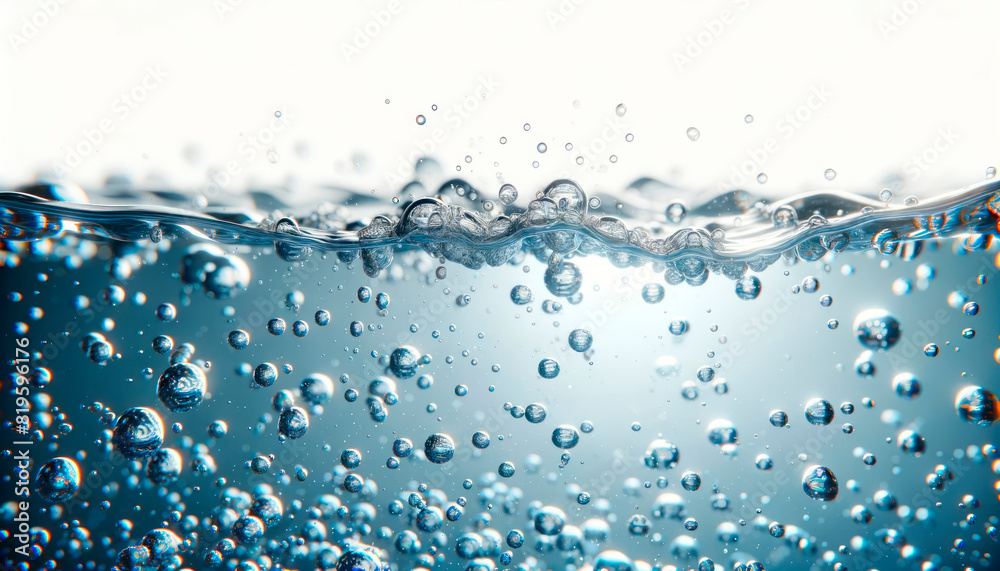 Close-up of bubbles in water with surface tension, on a clear blue background, concept of purity. Generative AI Close-up of bubbles in water with surface tension, on a clear blue background, concept of purity. Generative AI
