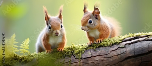 Two red squirrels perched on a moss-covered tree branch