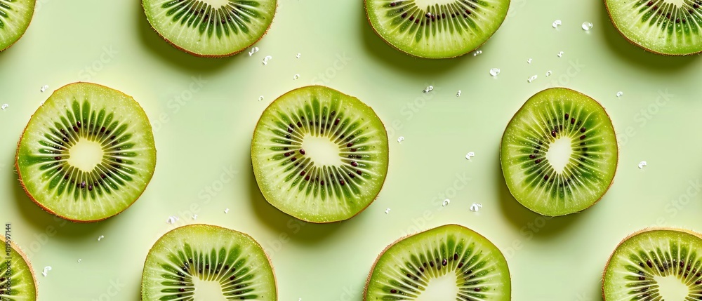 Top view of sliced kiwi fruits arranged on a pastel green background. Fresh, vibrant, and healthy kiwi slices pattern for a refreshing visual impact. Top view of sliced kiwi fruits arranged on a pastel green background. Fresh, vibrant, and healthy kiwi slices pattern for a refreshing visual impact.