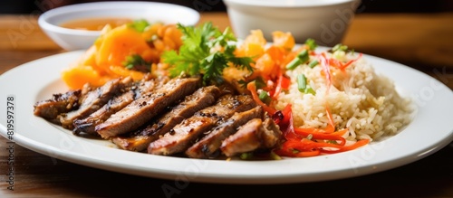 Plate of meat, rice, and veggies photo
