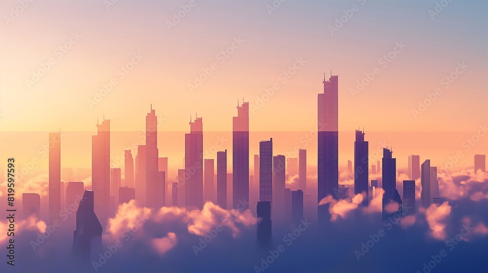 A minimalist skyline silhouette against a gradient sky, with sleek skyscrapers rising into the clouds in a futuristic cityscape. 32k, full ultra HD, high resolution