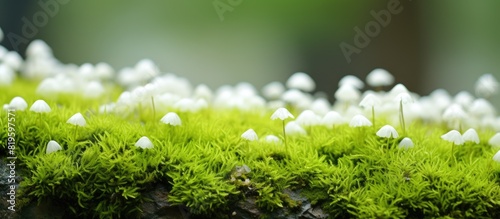 Small white fungi on mossy log photo
