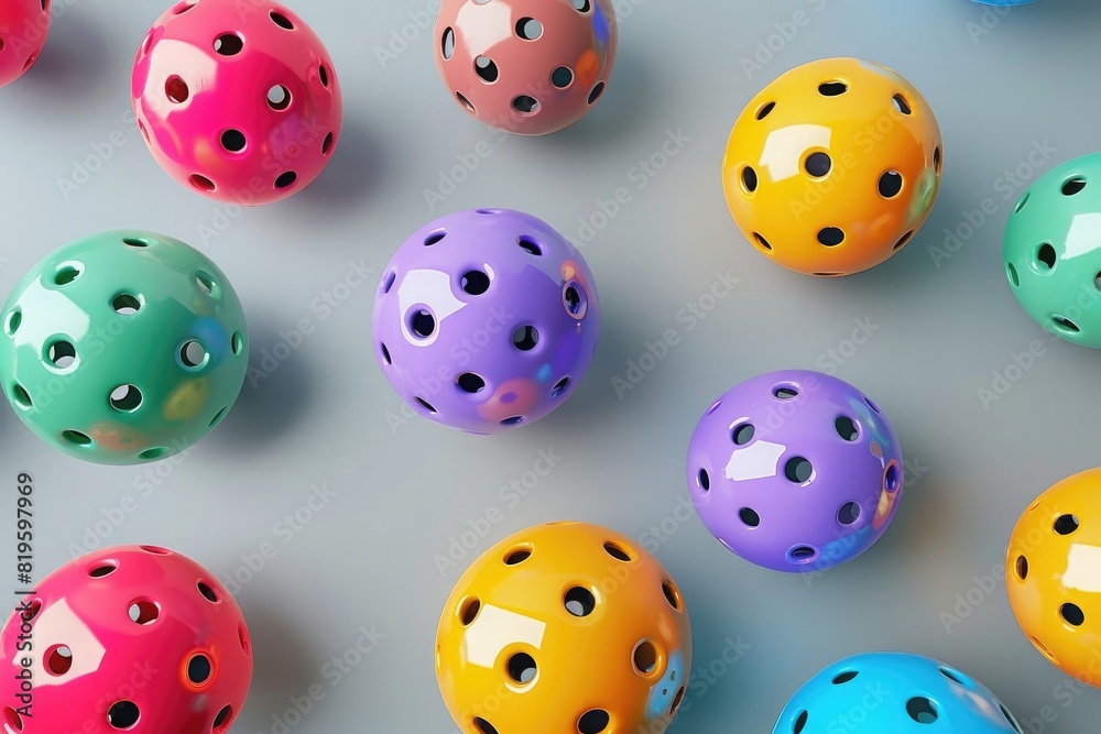 3D render of colorful spheres with holes on their surfaces, isolated on a grey background. Abstract design for decoration and interior elements