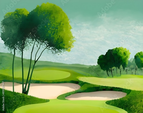 vector image of golf course with sand pits and greens