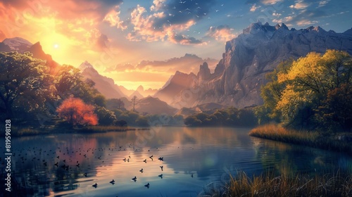 A lake in the mountains at sunset,