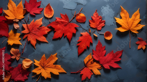 autumn leaves on the blue background. autumn background with colored red leaves.