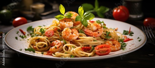 Plate of shrimp and tomato pasta