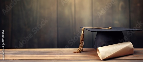 Graduation cap and diploma on wooden desk