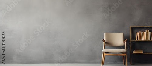 Chair in front of bookshelf with books photo