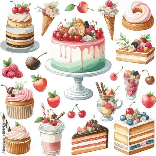set of Bakery watercolor clipart cake and desserts Sweet 