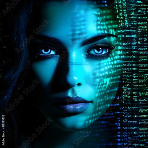 portrait of a female with projected digital text in various fonts and sizes cascading across her face