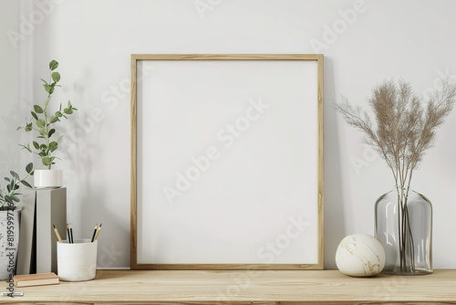 front view picture frame mockup on wooden desk and white background