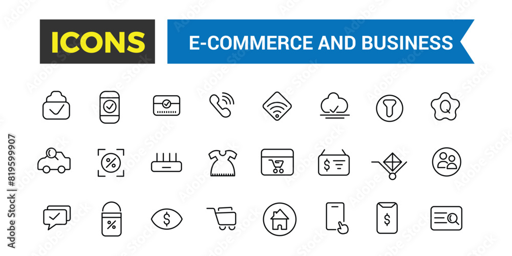 E-commerce and business icon set. Online shopping and delivery elements line icon set. Outline icons pack. Editable vector icon and illustration. E-commerce and business icon set. Online shopping and delivery elements line icon set. Outline icons pack. Editable vector icon and illustration.