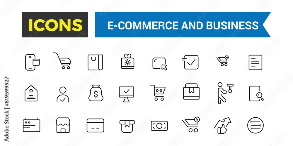 E-commerce and business icon set. Online shopping and delivery elements line icon set. Outline icons pack. Editable vector icon and illustration. E-commerce and business icon set. Online shopping and delivery elements line icon set. Outline icons pack. Editable vector icon and illustration.