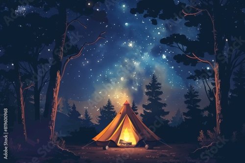 A night shot of a campsite with a glowing tent and campfire under a starry sky, with silhouettes of trees creating a peaceful ambiance.