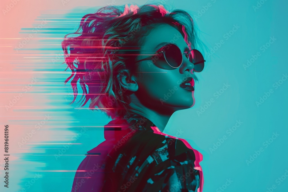 A glitched image of a woman standing wearing sunglasses and high fashion, plain background 
