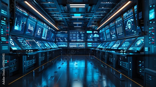 Simplified depiction of a digital security operations center with cool blue screens, designed for cybersecurity publications photo
