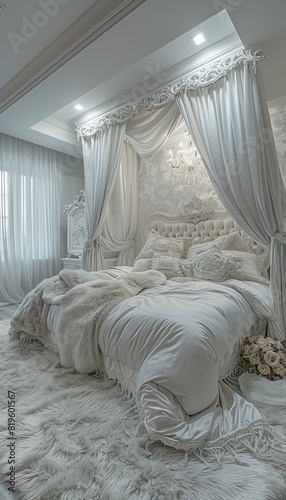 In the whitethemed bedroom, detail the luxurious furniture pieces photo