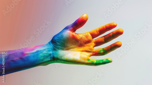 A hand colored like a rainbow reaches out in a gesture of welcome, symbolizing inclusivity and acceptance for everyone photo