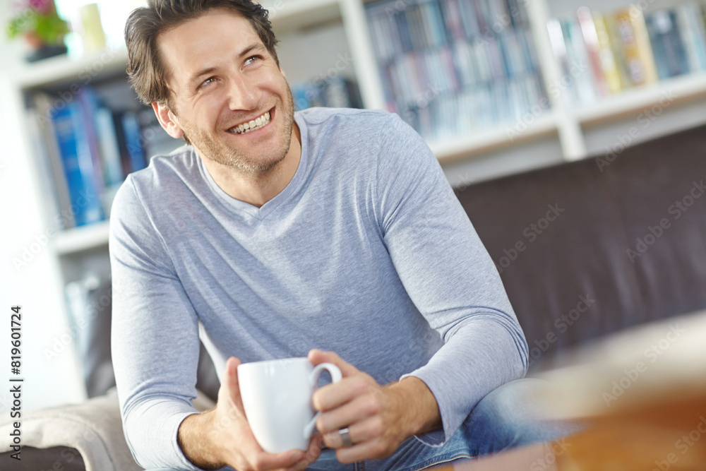 Thinking, home and man on couch, coffee and relax with happiness, wellness and ideas in living room. Face, apartment and person with morning tea, daydreaming and guy with cappuccino and weekend break Thinking, home and man on couch, coffee and relax with happiness, wellness and ideas in living room. Face, apartment and person with morning tea, daydreaming and guy with cappuccino and weekend break