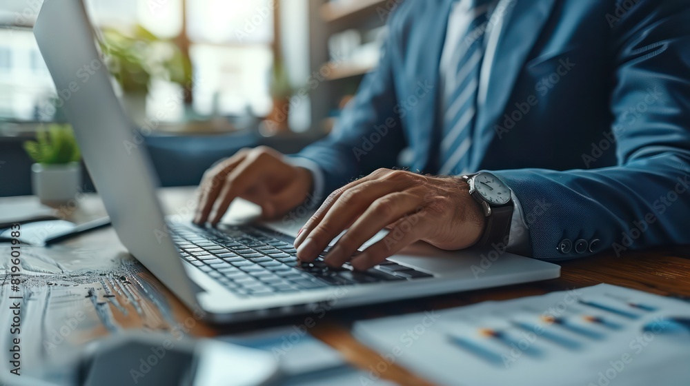 Close-up image of businessman's hands typing on laptop Emphasis is on working on financial reports. Close-up image of businessman's hands typing on laptop Emphasis is on working on financial reports.