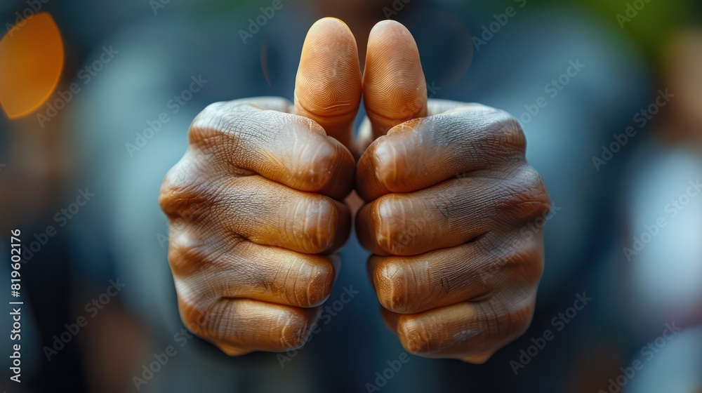 Close-up of business consultant's hand giving thumbs up It indicates approval and success. Close-up of business consultant's hand giving thumbs up It indicates approval and success.