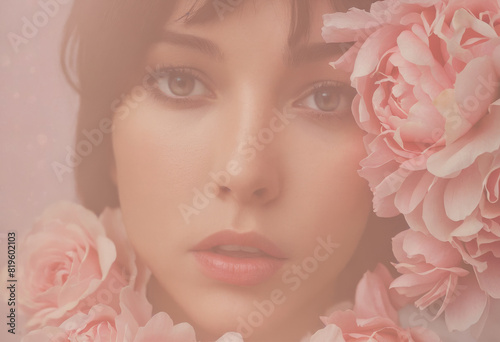 beautiful girl's face with flowers and petals. floral love