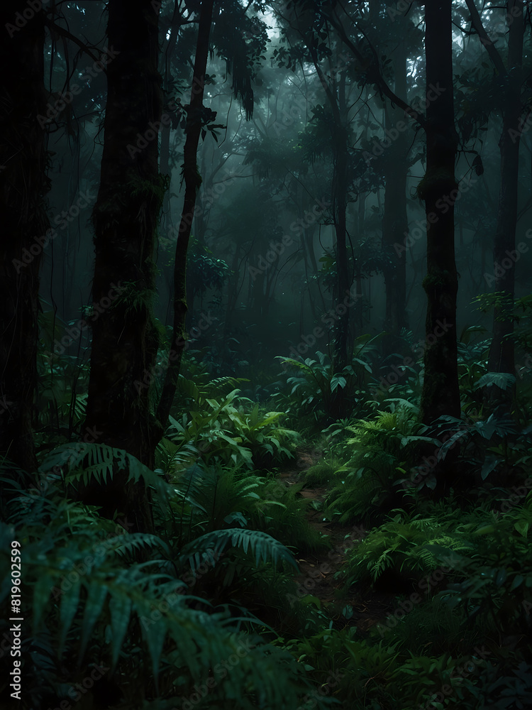 Fototapeta premium Lush and dense forest with an abundance of trees and ferns creating a vibrant green landscape. Sun rays piercing through the canopy, illuminating the dark undergrowth.