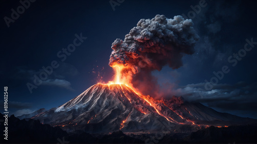 Volcano explosion at night 