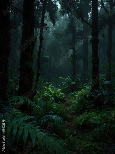 Lush and dense forest with an abundance of trees and ferns creating a vibrant green landscape. Sun rays piercing through the canopy  illuminating the dark undergrowth.