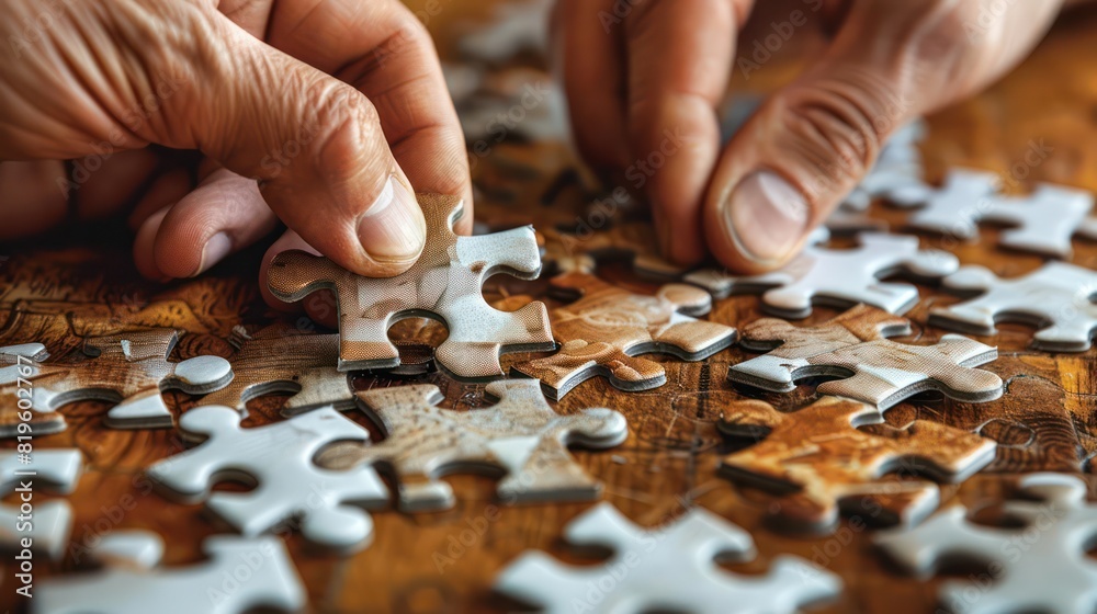 Close-up of hands assembling a complex puzzle, metaphor for solving business challenges. Close-up of hands assembling a complex puzzle, metaphor for solving business challenges.
