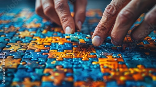 Close-up of hands assembling a complex puzzle, metaphor for solving business challenges.