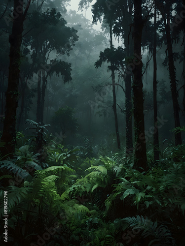 Lush and dense forest with an abundance of trees and ferns creating a vibrant green landscape. Sun rays piercing through the canopy  illuminating the dark undergrowth.