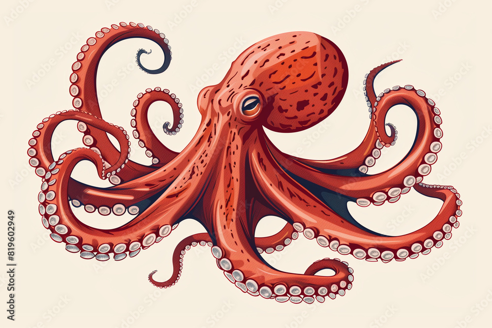 Vector Illustration of Full Body Octopus: Detailed Drawing with Red Coloring Vector Illustration of Full Body Octopus: Detailed Drawing with Red Coloring