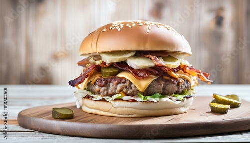 delicious fast food chain burger, highlighting the perfect assembly of beef patties, crispy bacon, cheddar cheese, pickles, and a toasted background