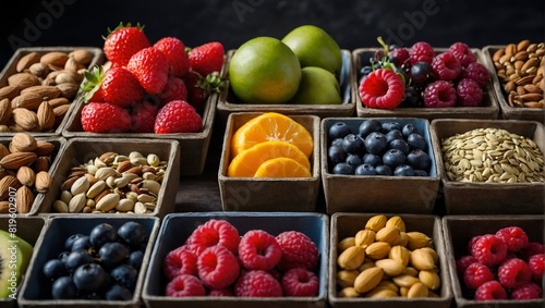 Selection of healthy food. Superfoods  various fruits and assorted berries  nuts and seeds.