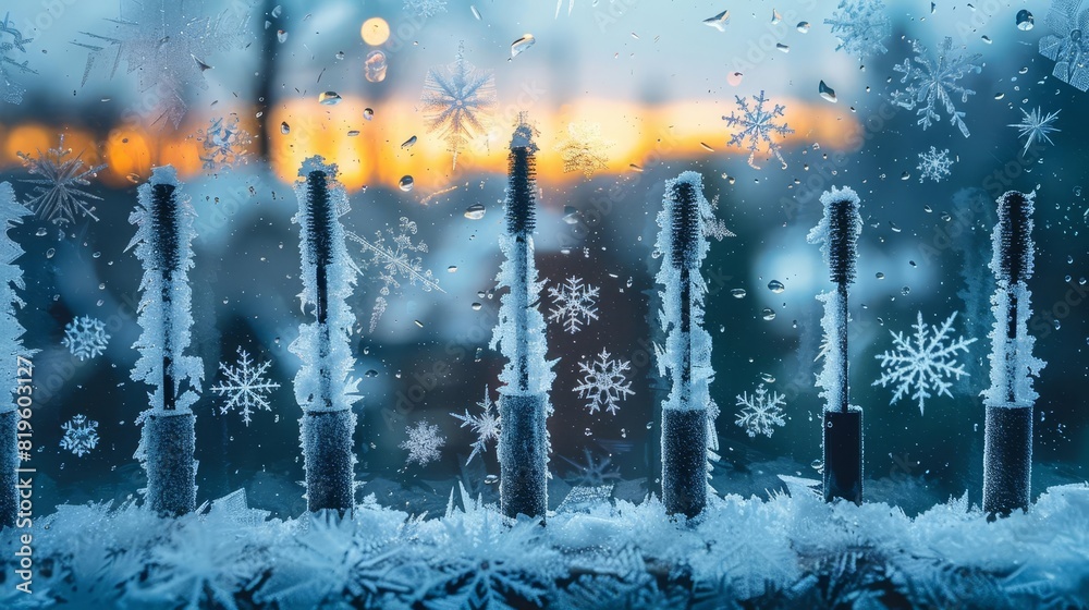 Mascara tubes on a frosty window with snowflakes