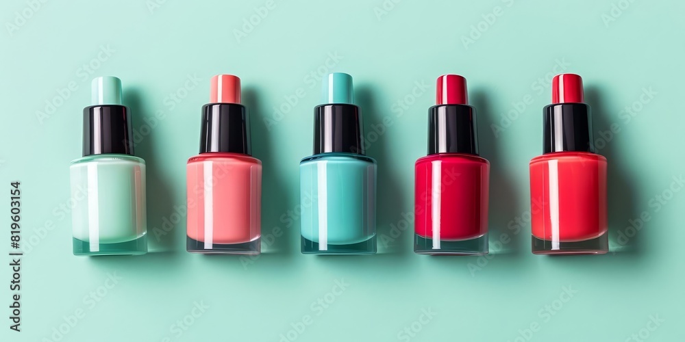 Obraz premium Nail polishes on a plain pastel green background with soft lighting