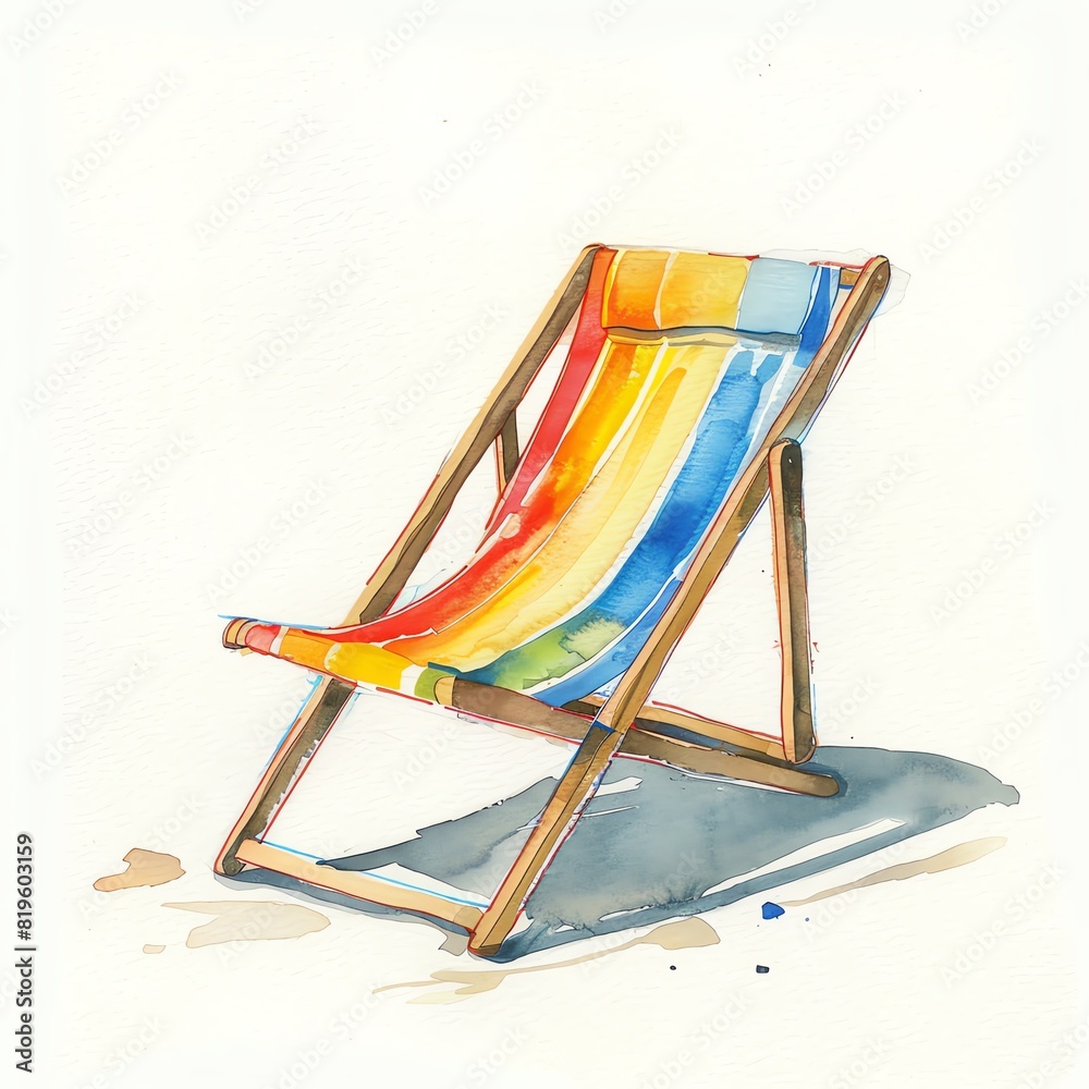 Minimalistic watercolor of a beach chair on a white background, cute and comical.
