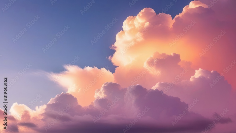 Flight high above the clouds. Cloudscape at sunset. Peach fuzz and blue colors
